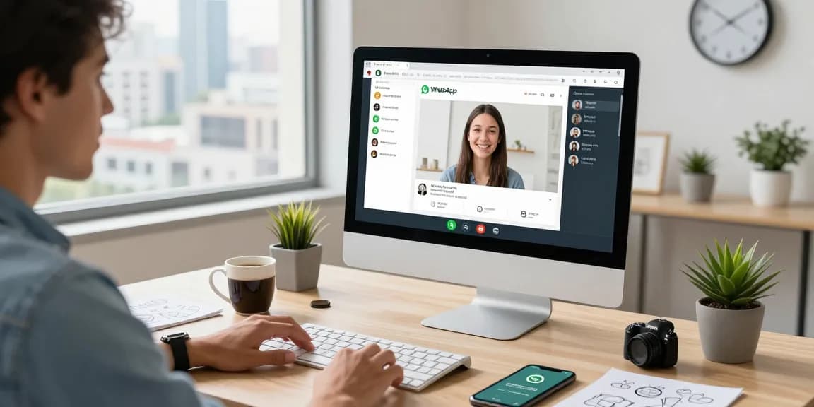 Using WhatsApp電腦版 for video calls in a bright modern office setup.