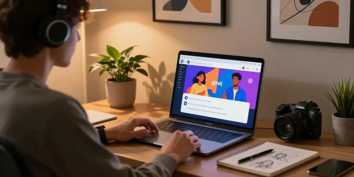 Interactive scene of user engaging with nsfw ai chat platform in cozy home office.