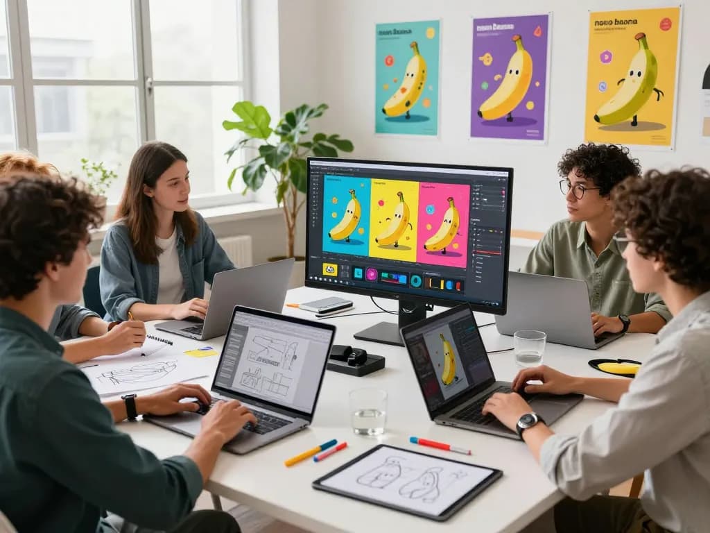 Collaborative creative workspace showcasing nano banana AI image editing in action with vibrant visuals and professional teamwork.