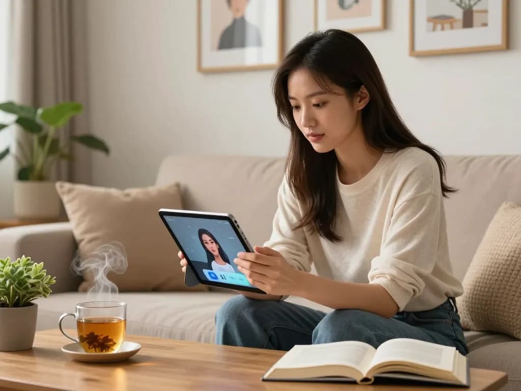 Young woman enjoying her ai girlfriend app on a tablet in a cozy living room.
