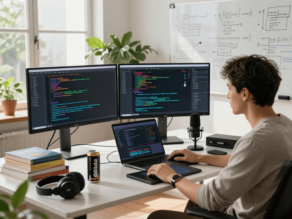 Dynamic AI programming workspace with engineer coding 18+ ai algorithms and collaborating on projects.