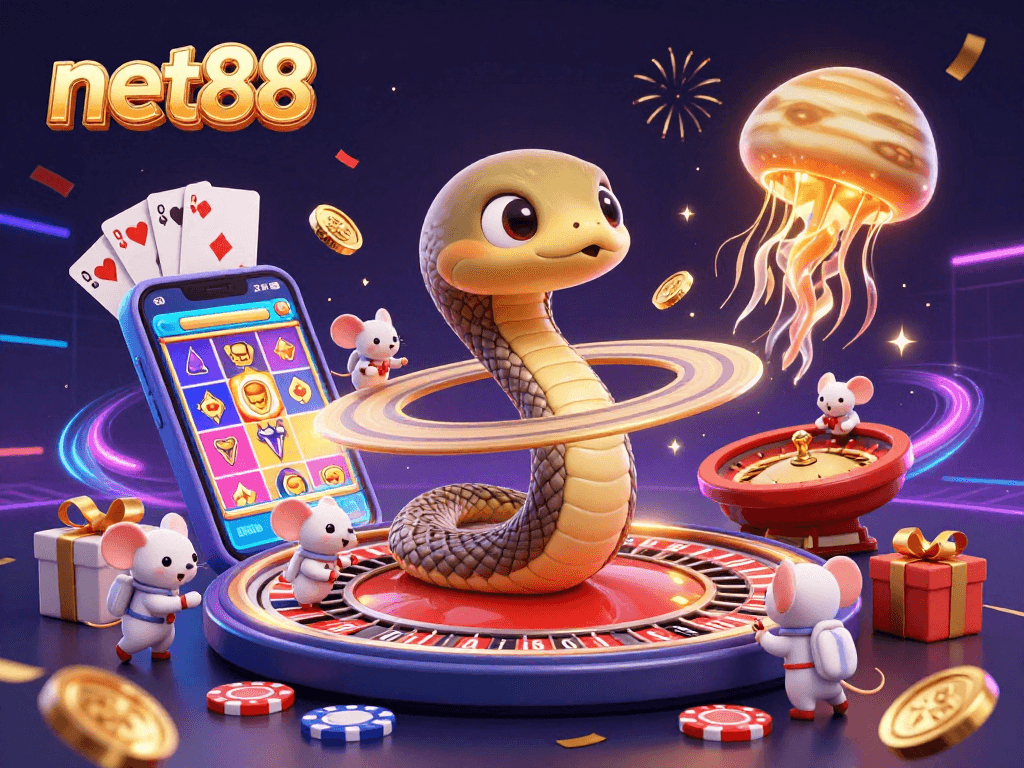 Experience the thrill of net88 with vibrant 3D characters engaging in cosmic casino activities, showcasing popular games and betting excitement.
