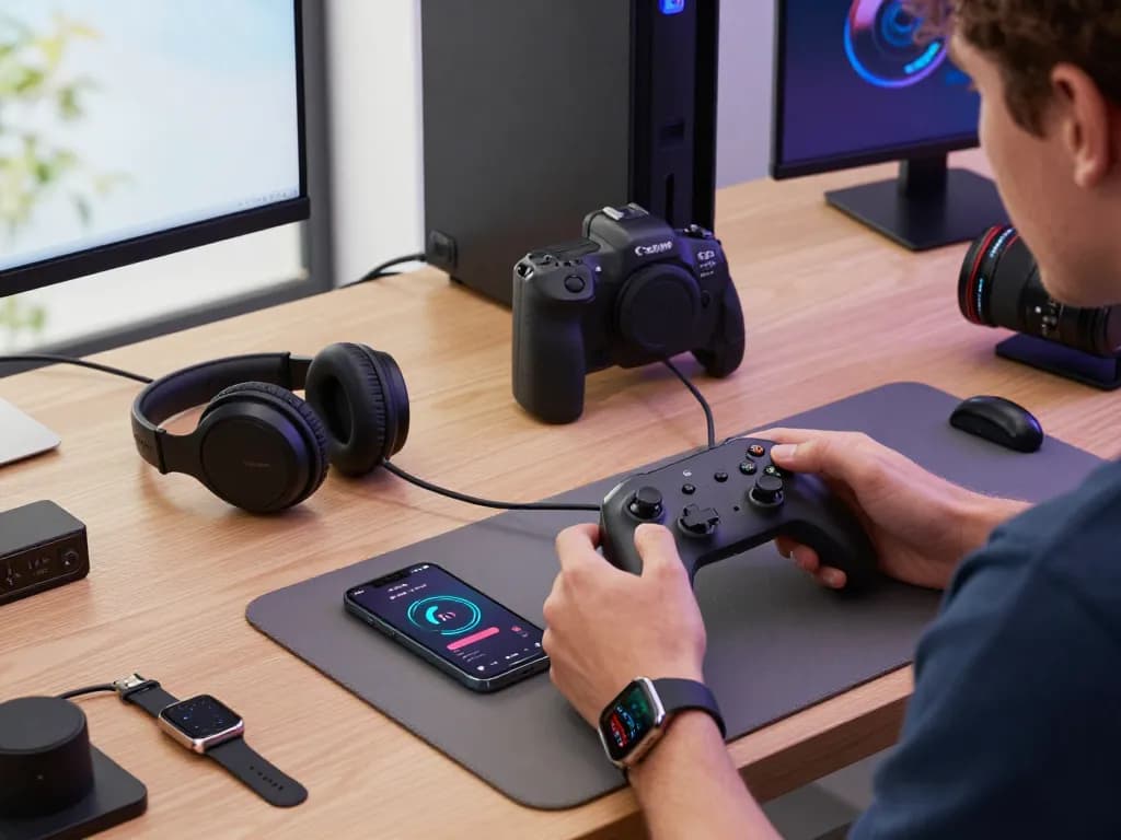 Engaged user exploring trending tech gadgets like Bluetooth controllers and headphones in a modern workspace