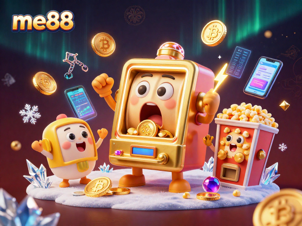 Experience the excitement of winning at me88 with a cheerful slot machine and vibrant crypto elements in a colorful casino scene.