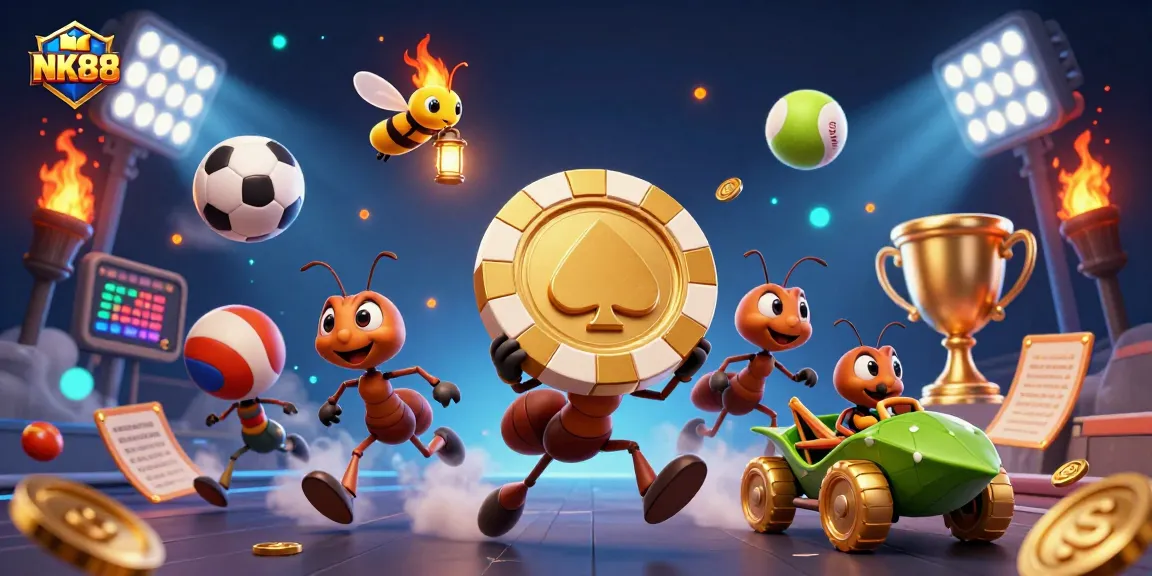 NK888 showcases a heist scene with a team of ants carrying a giant poker chip, energetic casino elements.