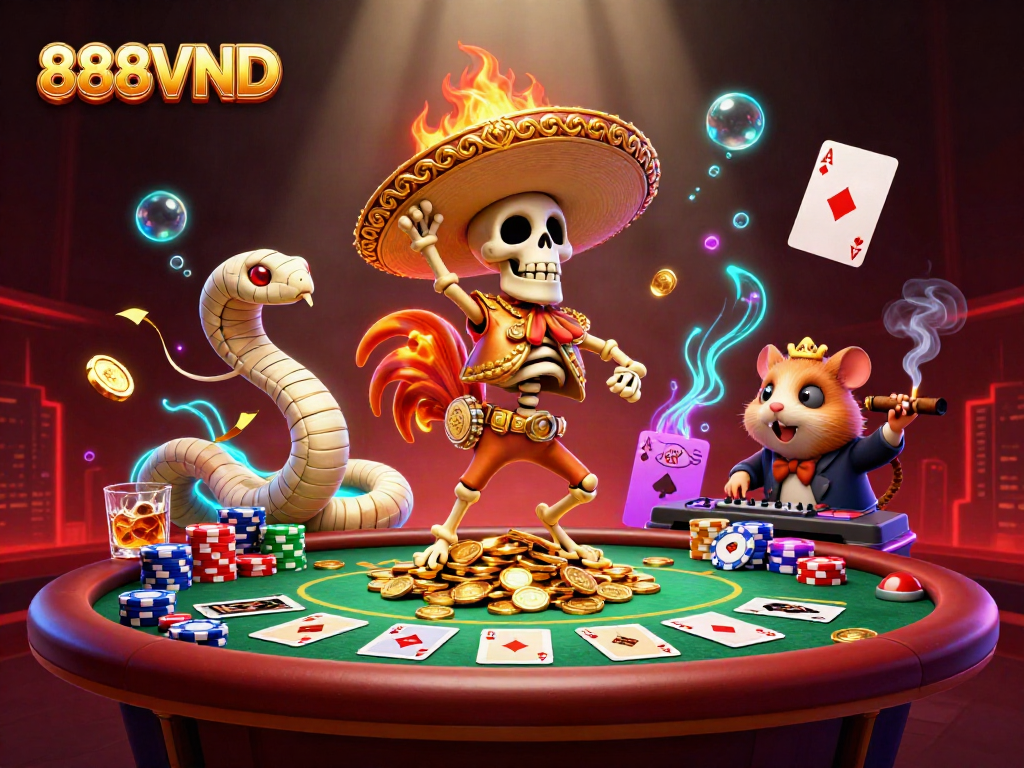 Experience thrilling gaming with the vibrant 888VND casino scene featuring dynamic characters and rich visuals.