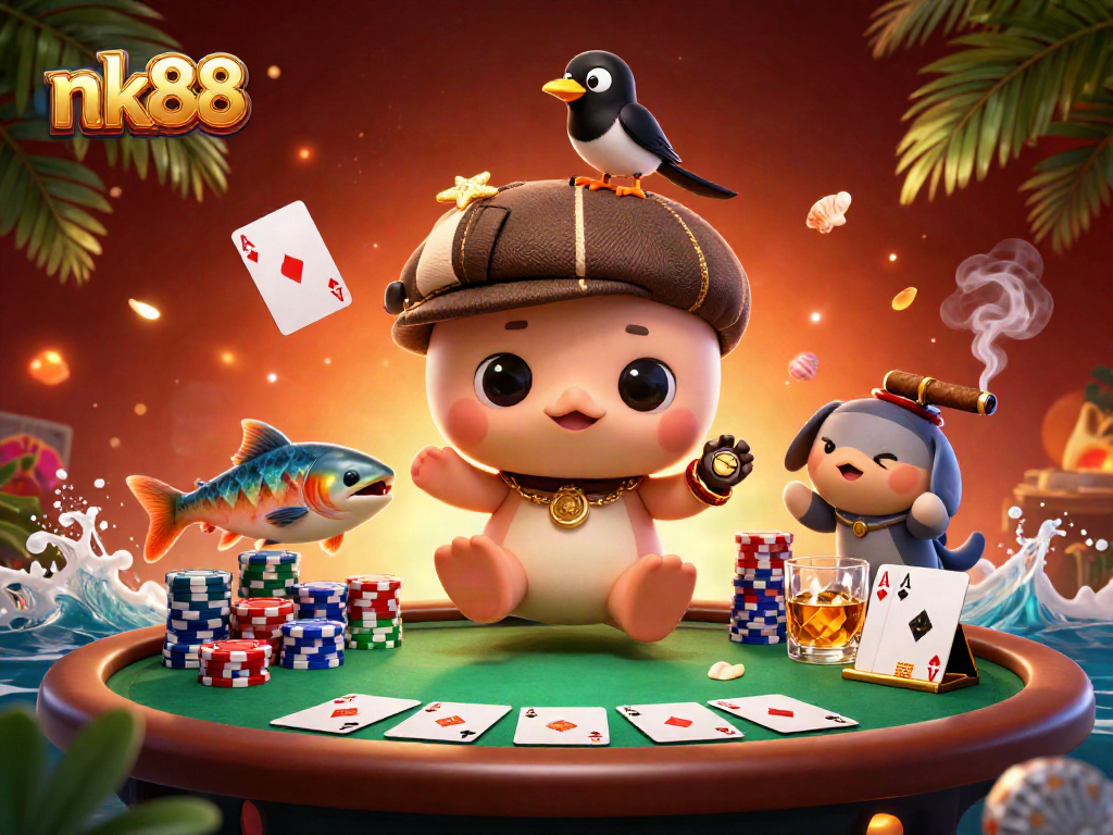 nk88 invites players to a vibrant 3D casino experience with Nessie and friends at a poker table.
