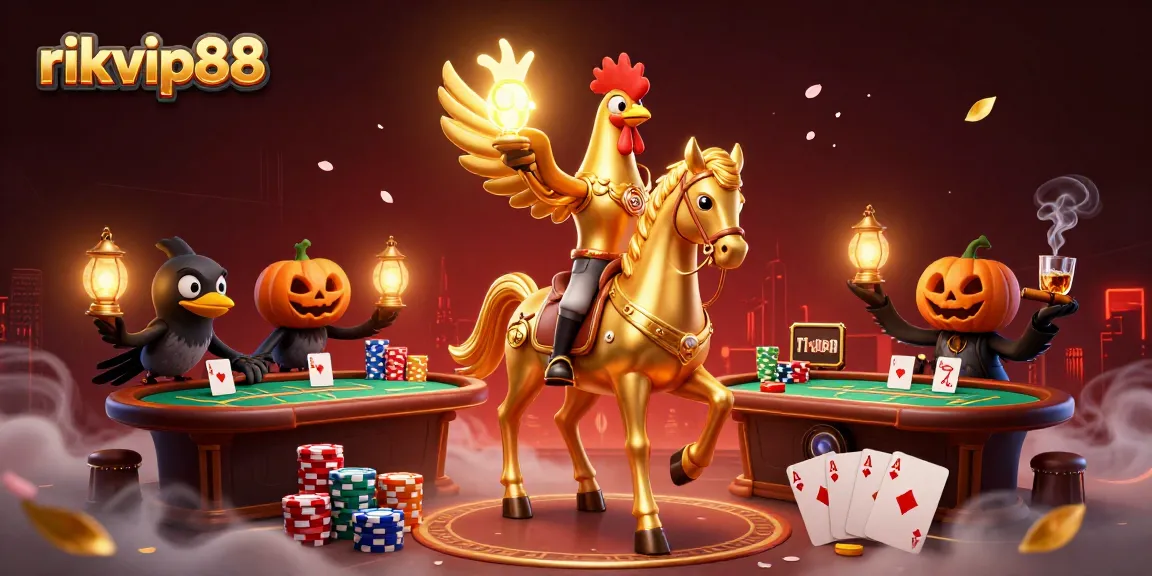 Engage with rikvip88's vibrant casino scene featuring a golden rooster in a mystical atmosphere.