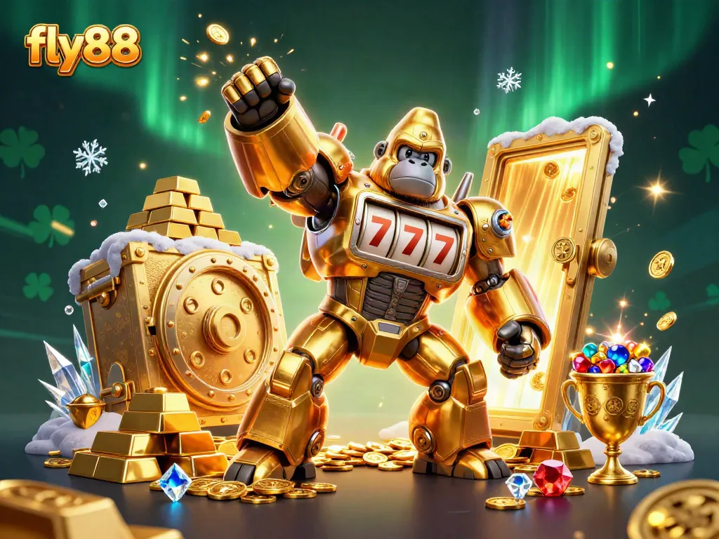 Experience thrilling wins with fly88’s golden gorilla mech in this dynamic casino illustration.