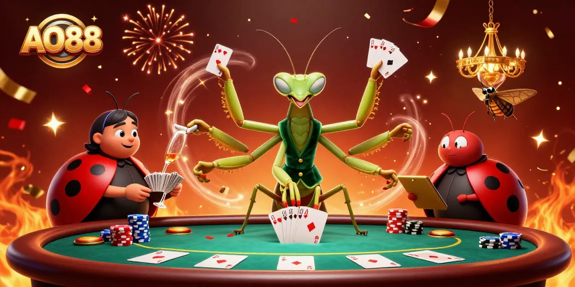 Engage in the thrilling world of AO88 with a vibrant casino scene featuring joyous characters and dynamic poker elements.