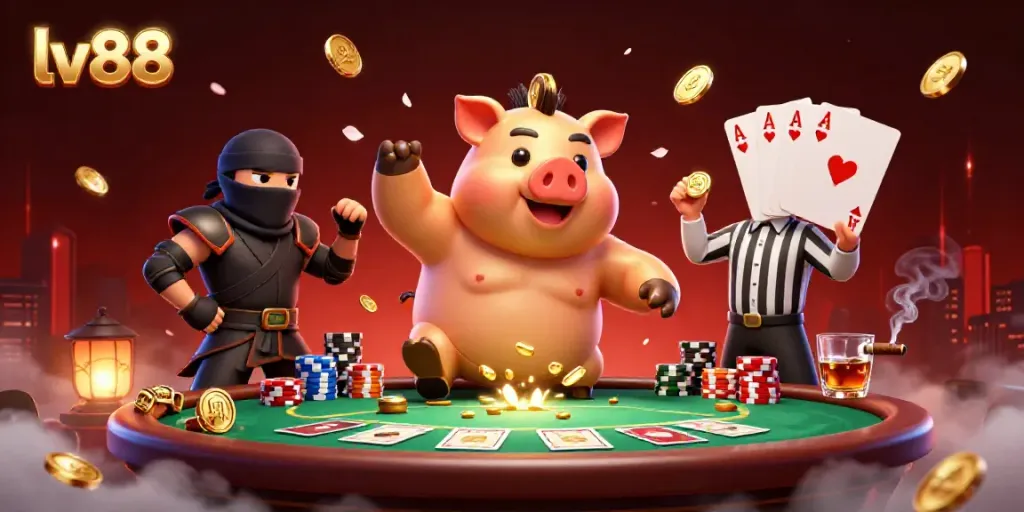 Join the excitement at lv88 with a whimsical sumo wrestler and gameplay action, emphasizing thrilling casino fun.