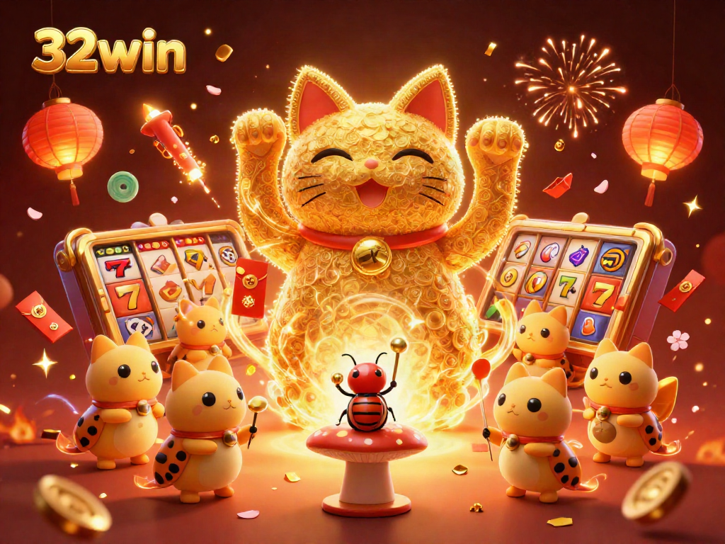 Experience the magic of 32win with a dynamic lucky cat illustration featuring vibrant casino symbols.