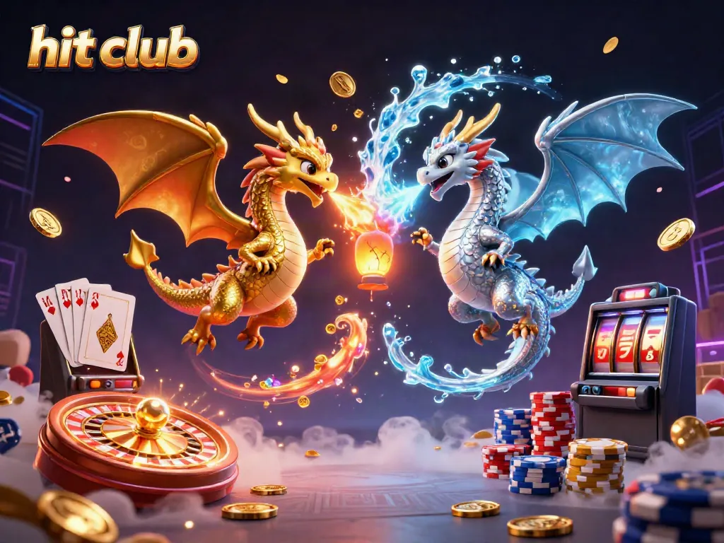 Join the excitement at hit club with intertwined dragon duo amidst a dazzling casino backdrop.