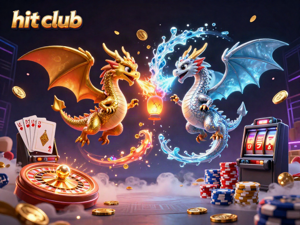 Join the excitement at hit club with intertwined dragon duo amidst a dazzling casino backdrop.