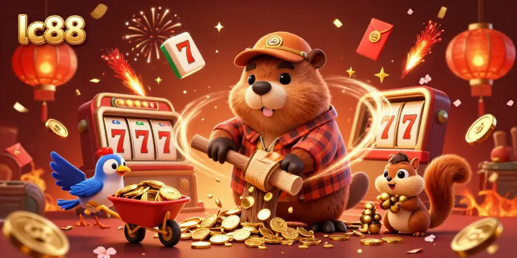 Experience thrilling gaming action with lc88 featuring a lively cartoon scene of a beaver, bird, and squirrel amidst casino elements.