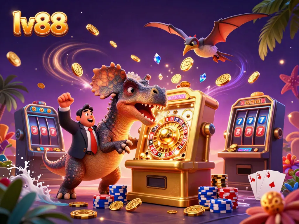 Experience thrilling jackpots at lv88 with energetic dinosaurs in a colorful casino scene.