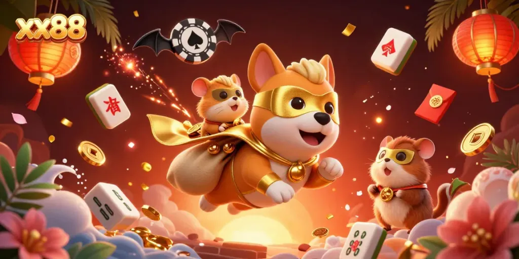 Engage with xx88's thrilling casino offering, featuring a superhero dog and colorful, interactive elements.
