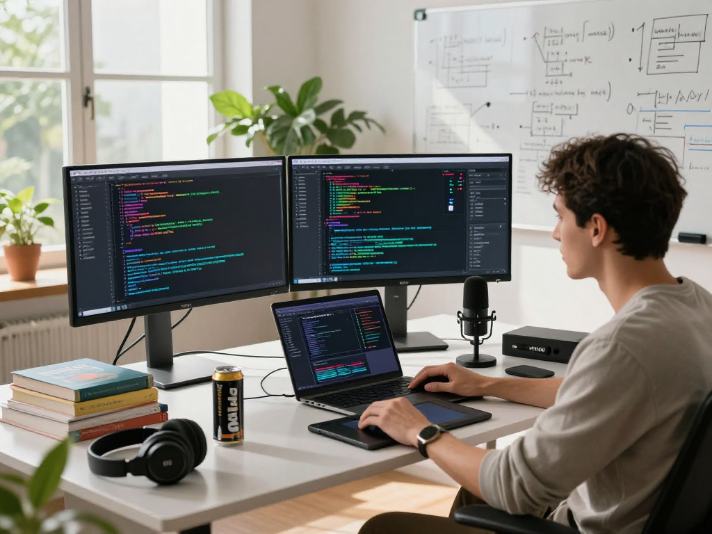 Dynamic AI programming workspace with engineer coding 18+ ai algorithms and collaborating on projects.