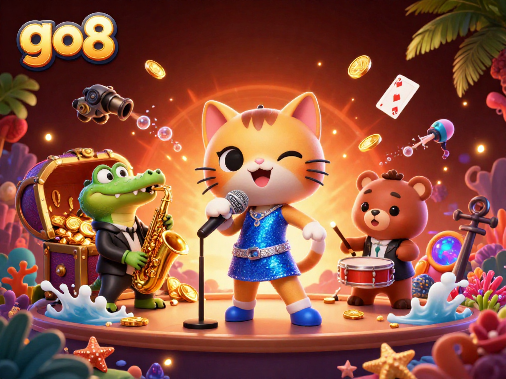 Engage in diverse gaming at go8, featuring vibrant illustrations of casino characters amidst a treasure-filled backdrop.