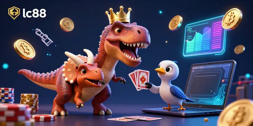 Experience casino excitement with lc88 as a T-Rex shuffles cards, joined by a triceratops and a pterodactyl.