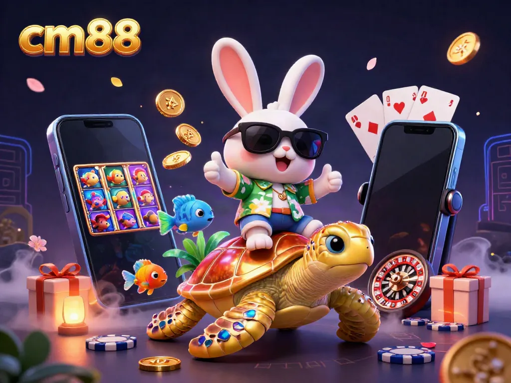 Experience thrilling gameplay at cm88 with a lucky rabbit and golden turtle in a vibrant casino scene.