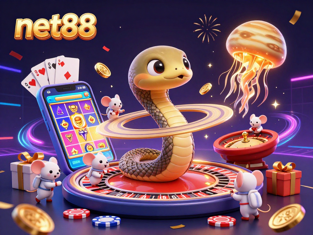 Experience the thrill of net88 with vibrant 3D characters engaging in cosmic casino activities, showcasing popular games and betting excitement.