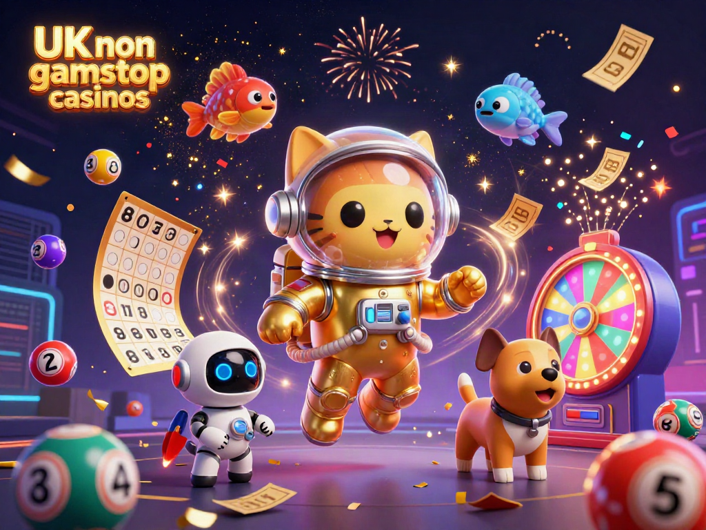 Illustration of UK non gamstop casinos with a celestial theme, featuring a space cat and robot dog.