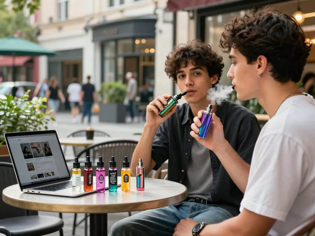 A young adult enjoying a rechargeable vape kit outdoors, exploring what is a nic salt among vibrant e-liquid options.