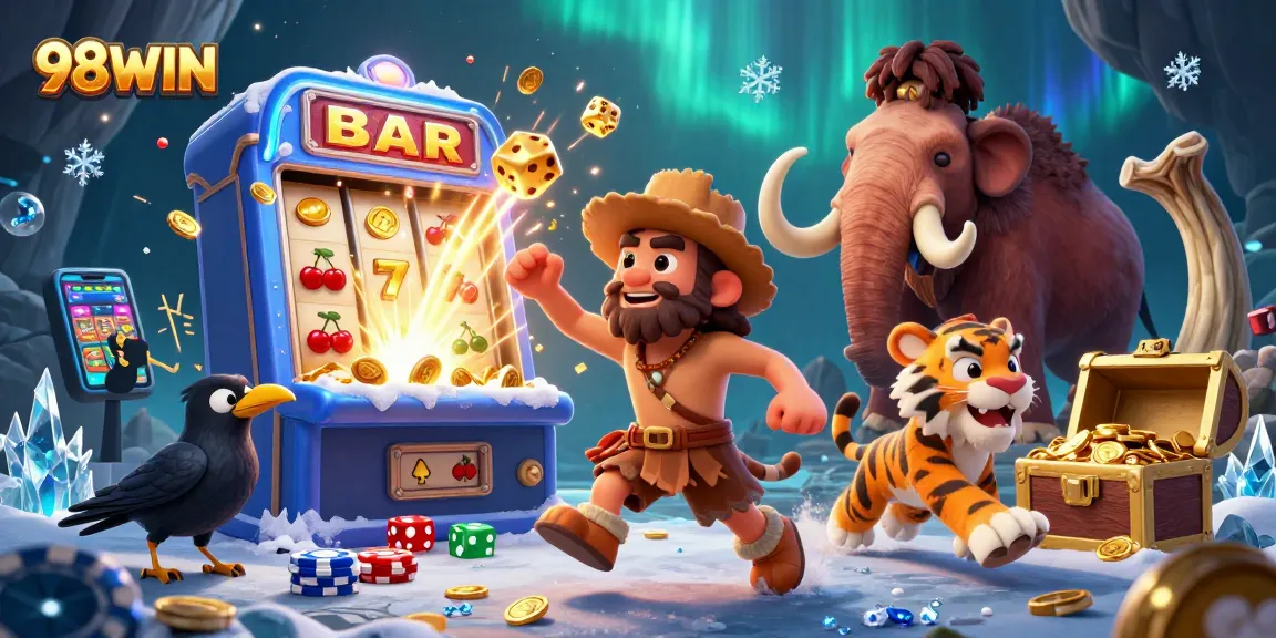 Join the fun at 98WIN with a dynamic prehistoric casino scene featuring a caveman and sabertooth tiger.