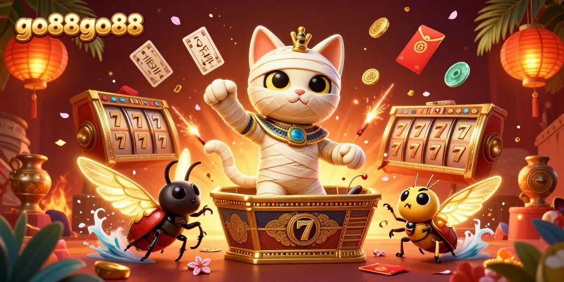 Engage with go88go88 for thrilling gaming, featuring a vibrant casino scene with an Egyptian mummy cat.