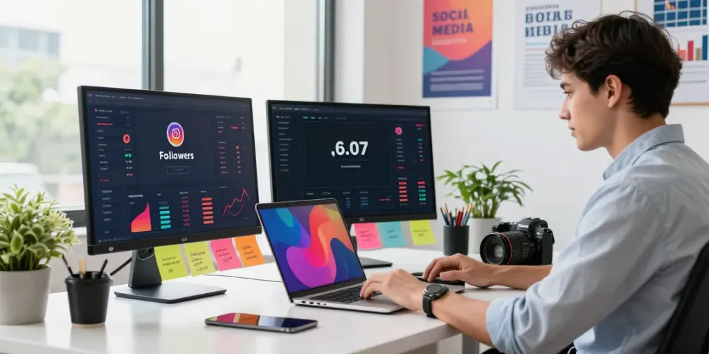Boost your instagram followers through effective social media marketing strategies in a vibrant workspace.