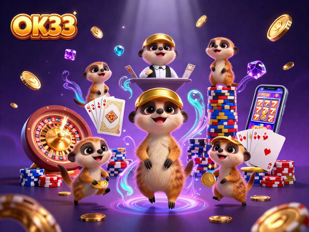 Experience winning moments at OK33, featuring meerkats running a lively casino operation.