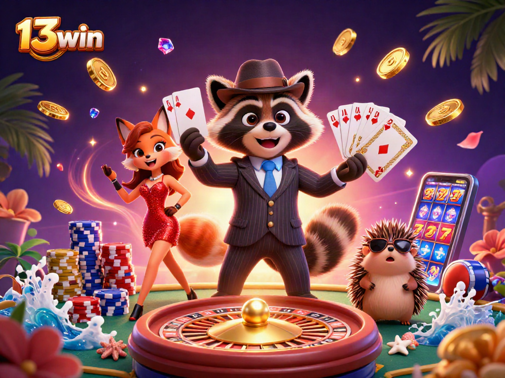 Experience thrilling action with 13win's dynamic characters in a vibrant casino setting.