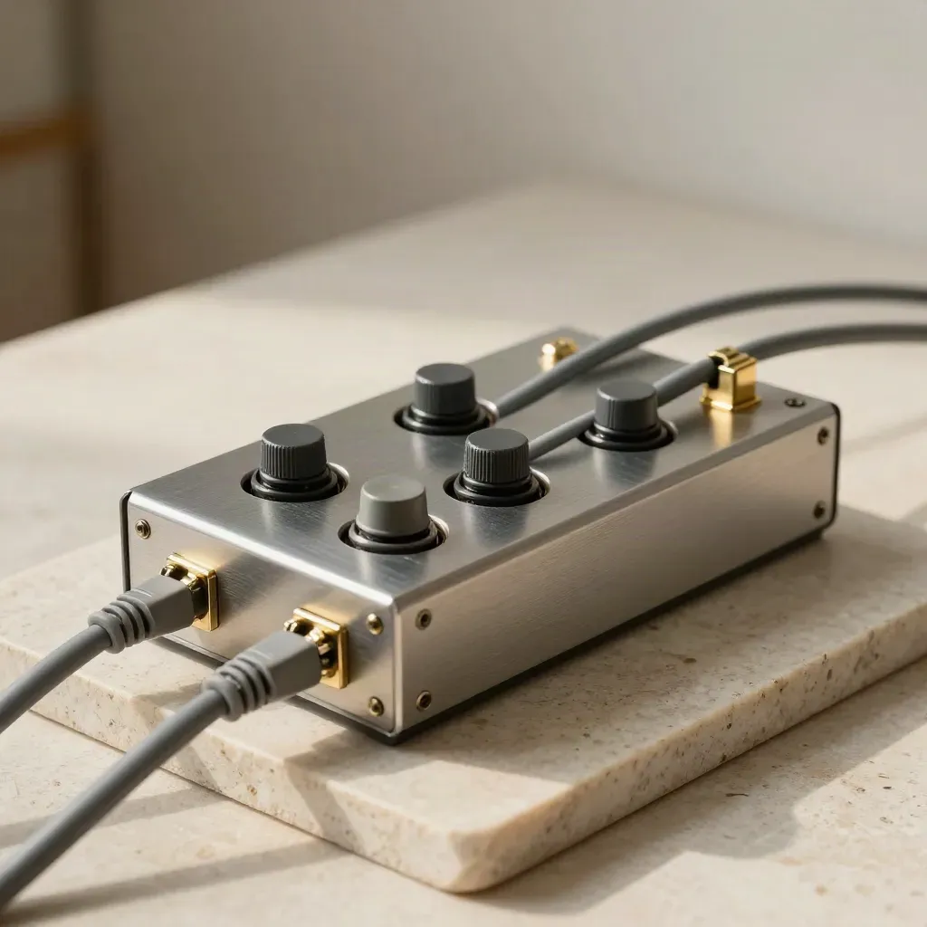 Relay box and splitter on pale stone with three toggles, lit in a tense telecom editorial scene