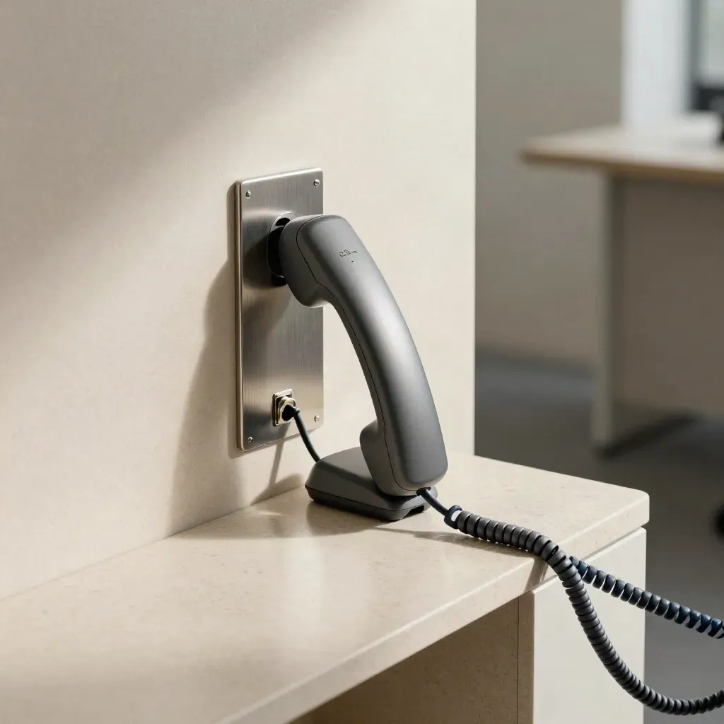 Office handset and wall jack with a clean cable route in a bright alcove.