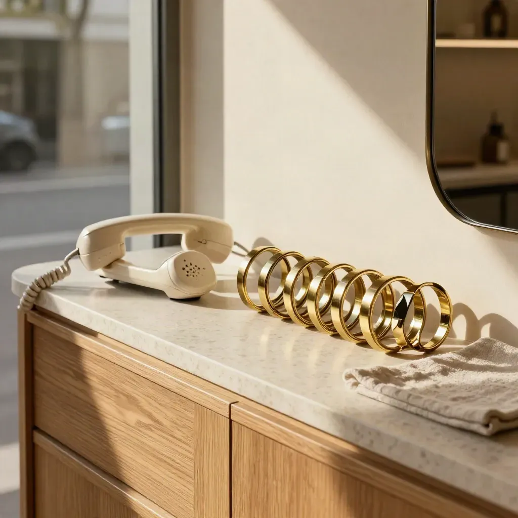 Cream handset, brass cable loops and clips in a warm reception nook