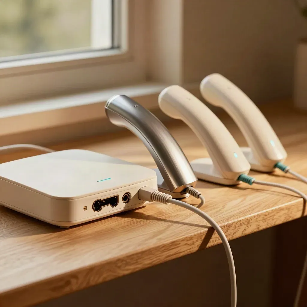 Router feeding three desk handsets on a pale shelf, with cables fanning out in warm daylight.