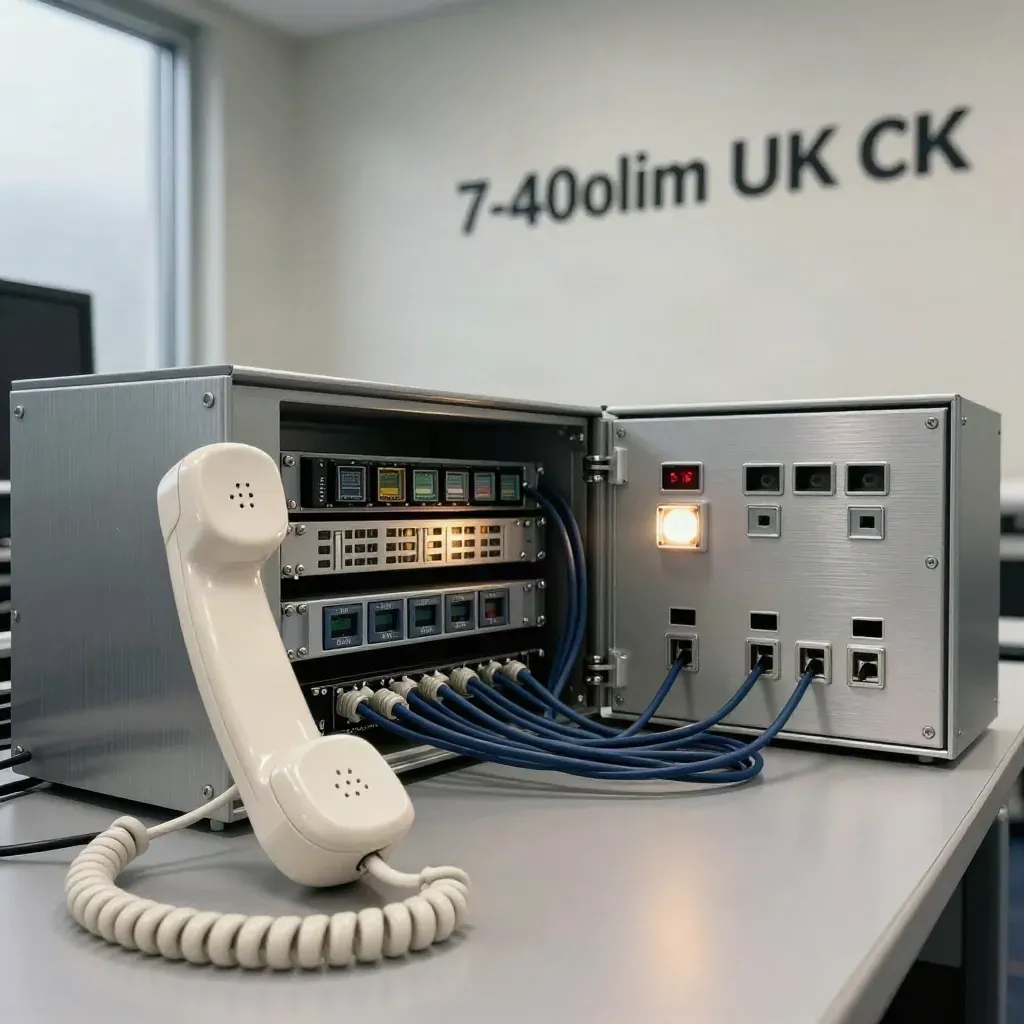 Telecom service room with handset, routing box, SIM trays and bright morning haze