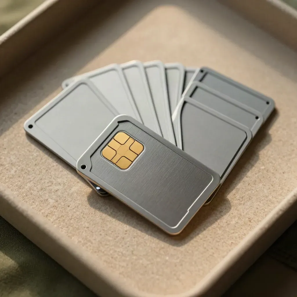 Top-down flat lay of blank SIM carriers and brushed-metal reserve tags on khaki felt.