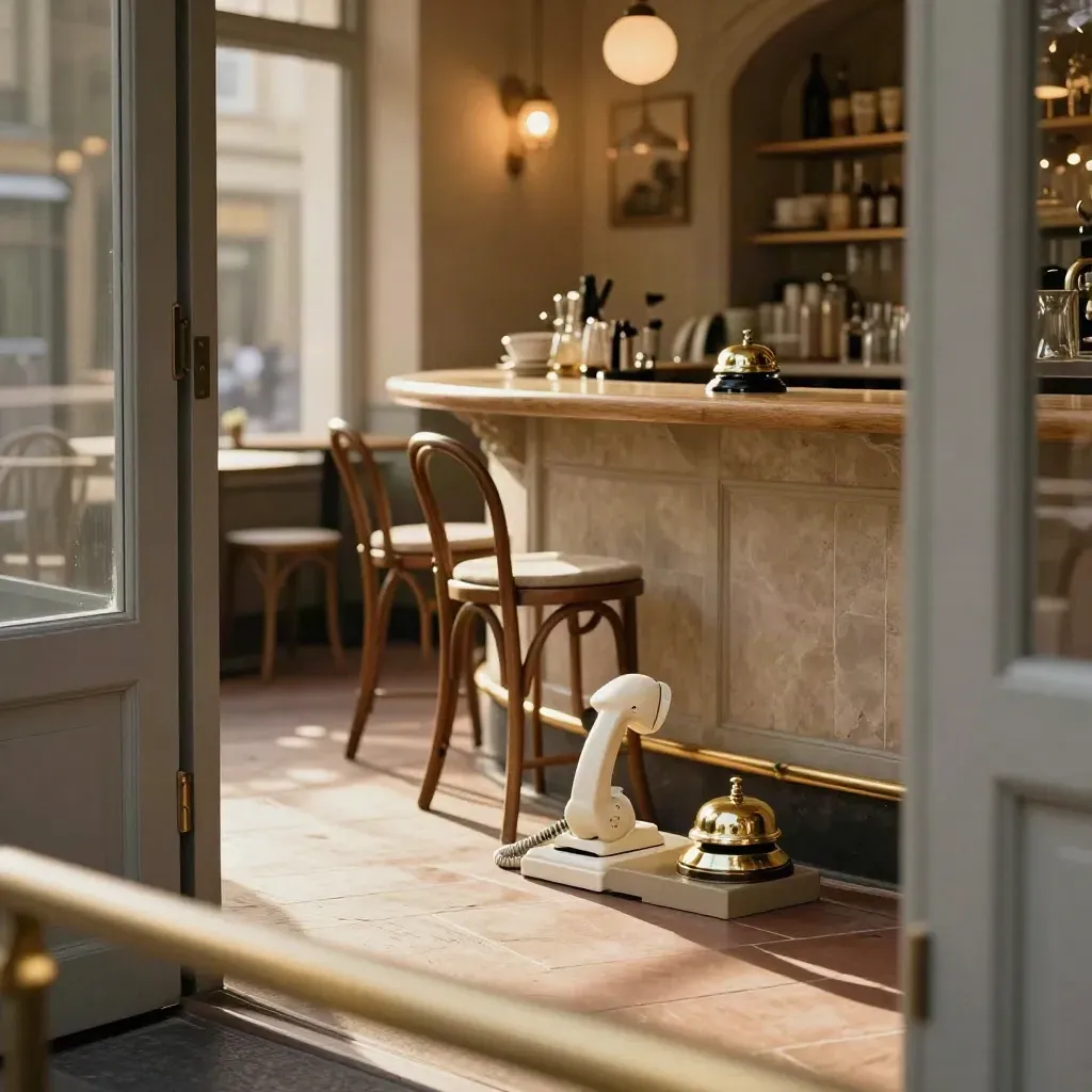 Empty Bristol café bar with cream phone dock, brass bell and stone walls in warm window light.