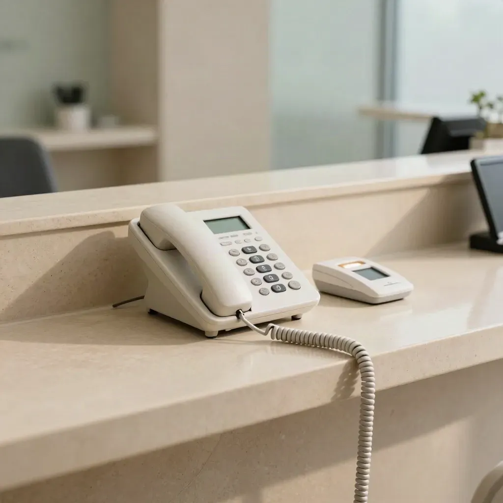 Clinic reception phone system with handset, nurse-call base and routing dock on a cream counter.