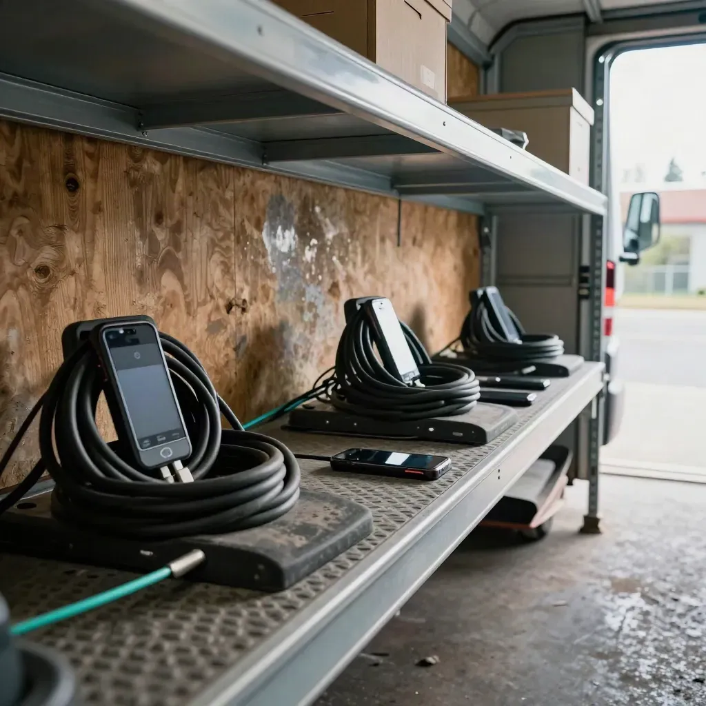 Three rugged mobiles charging in a trades van shelf, lit by bright rear daylight.