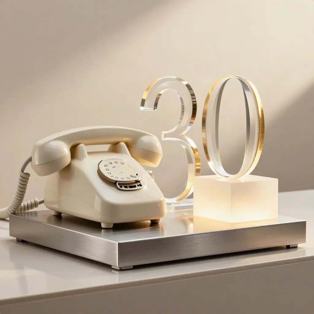 Cream handset on a plinth with acrylic loops in a bright showroom launch display.