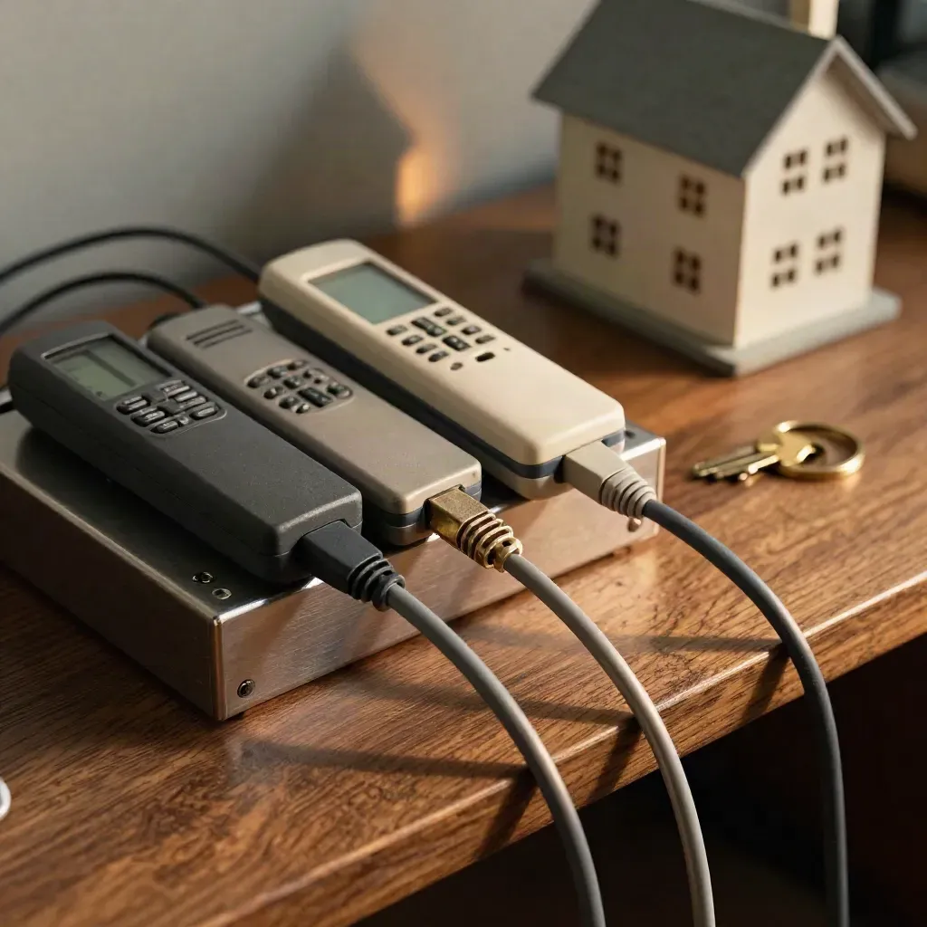 Three office handsets feed one routing box beside a keyring and model house on an oak shelf.