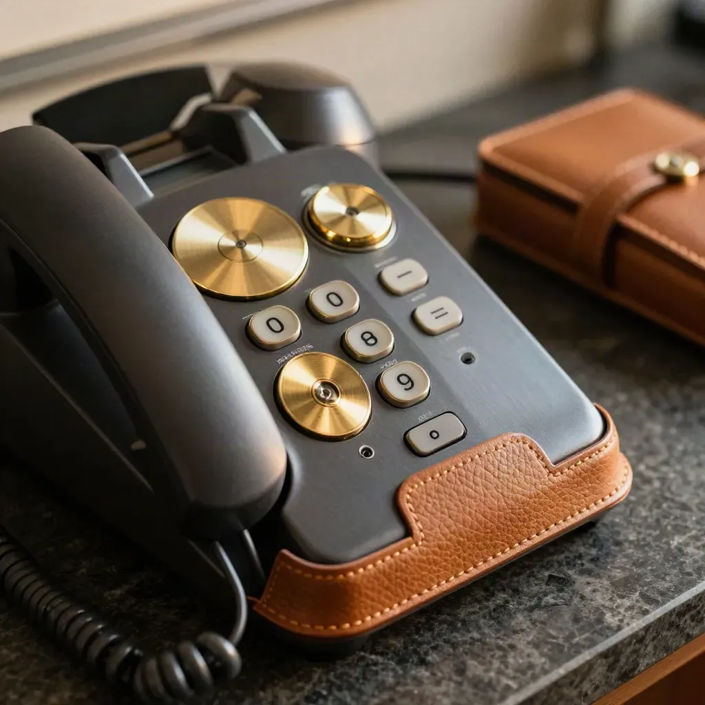 Macro still life of a desk phone, brass discs, and a leather sample case on dark stone.