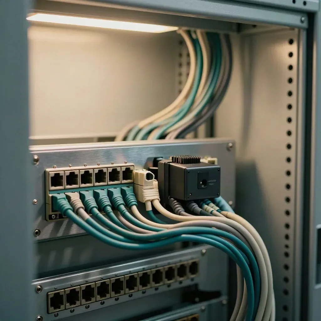 Patch panel with colour-coded cable loops and splitter inside an equipment rack.
