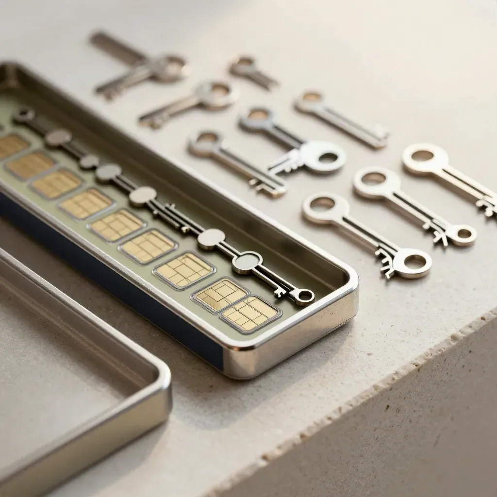 SIM transfer trays and ejector keys in a precise grid on pale mineral stone.