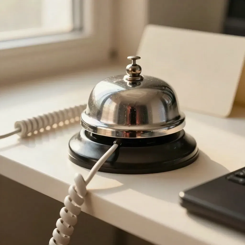Phone cradle, call bell and coiled cord on a cream shelf in soft window light.