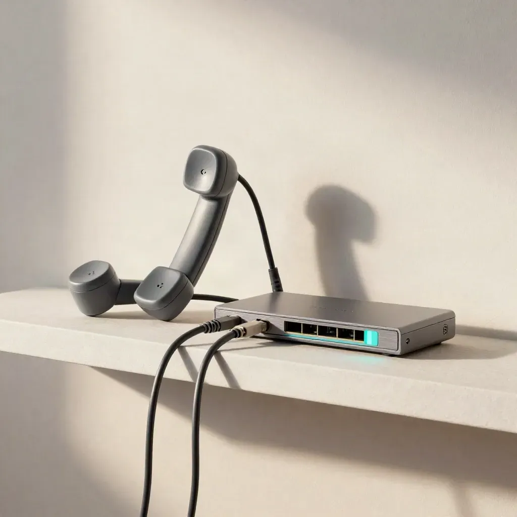 Splitter, two handset cradles, and router on a pale shelf with diagonal cables.