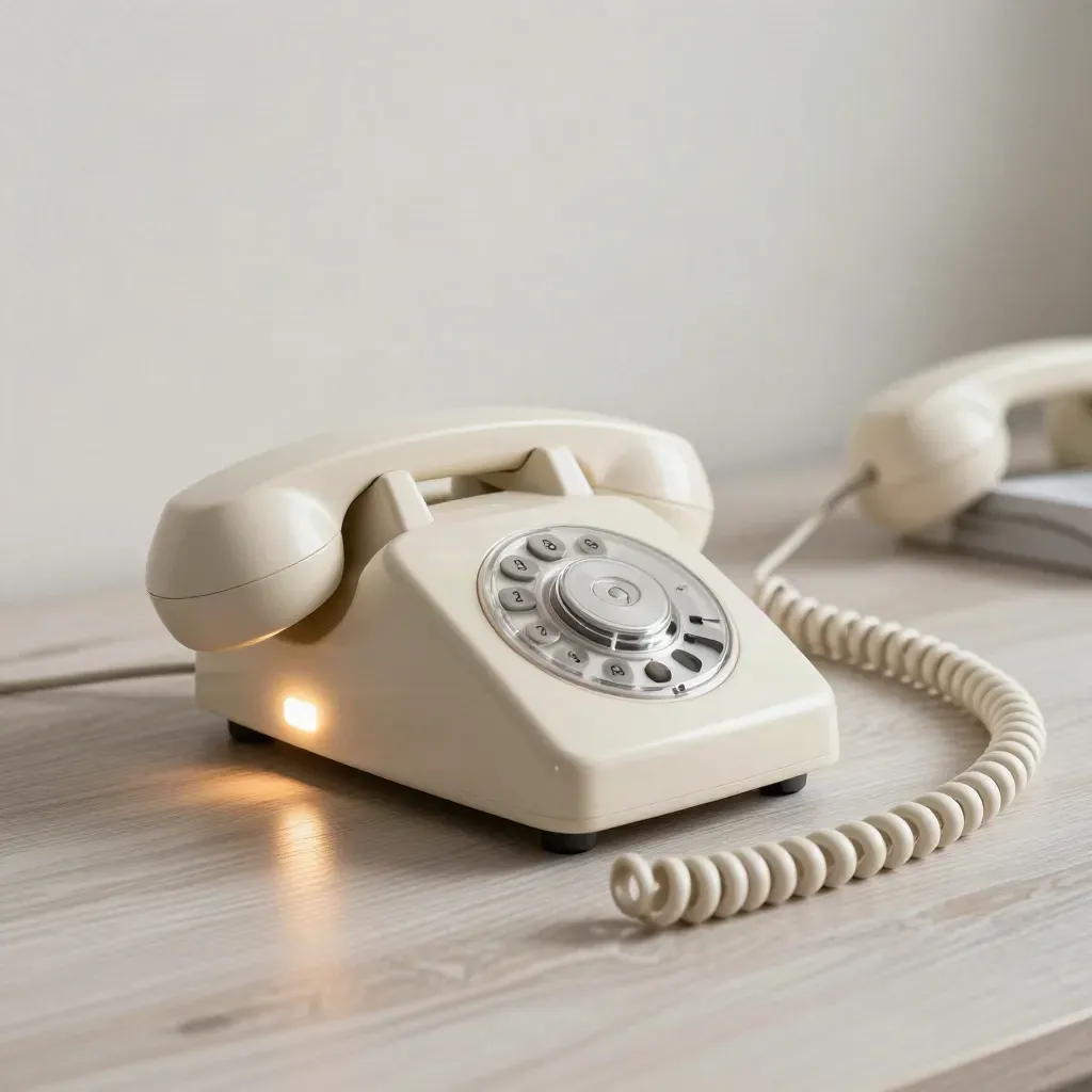 Cream desk phone base with open cradle, glowing status lamp, and coiled cord on pale wood.